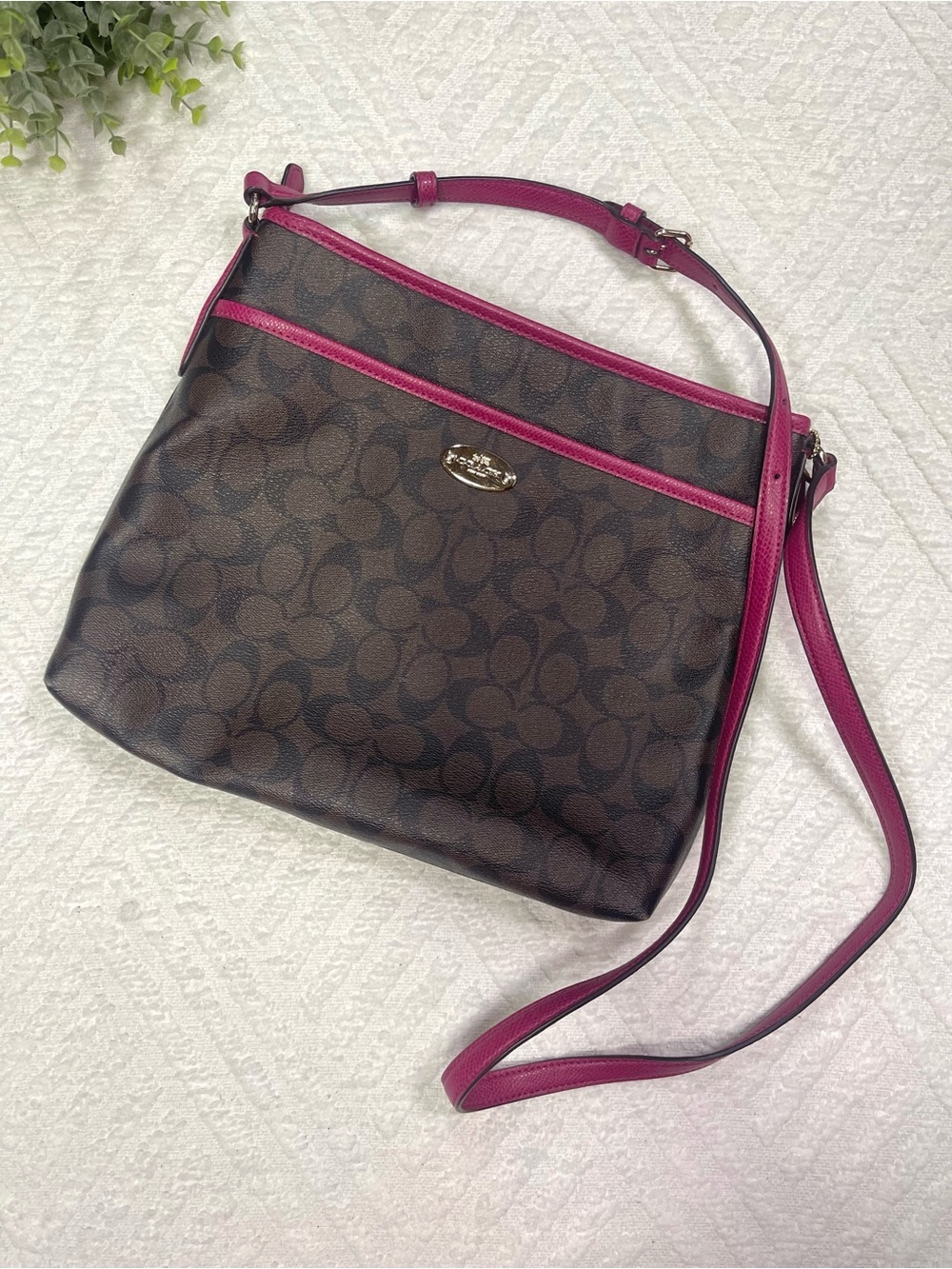 Coach Signature File Crossbody Bag Brown Coated Canvas Purse with Magenta Trim